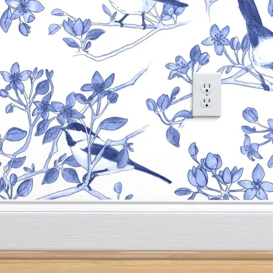 Pre-Pasted Wallpaper 2FT Wide Bird Flowers Botanical Blossom Cobalt Chinoiserie Custom Pre-pasted Wallpaper by Spoonflower {4}