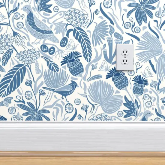 Peel & Stick Wallpaper 2FT Wide Blue Nature Birds Plant Cardinal Botanical Meadow Chintz Quail Southern Medium Scale Custom Removable Wallpaper by Spoonflower {4}