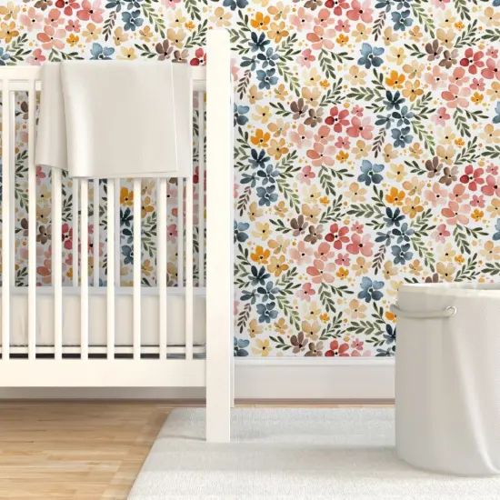 Pre-Pasted Wallpaper 2FT Wide Floral Multicolor Spring Summer Watercolor Botanical Painted Blooming Flowers Large Scale Custom Pre-pasted Wallpaper by Spoonflower {7}