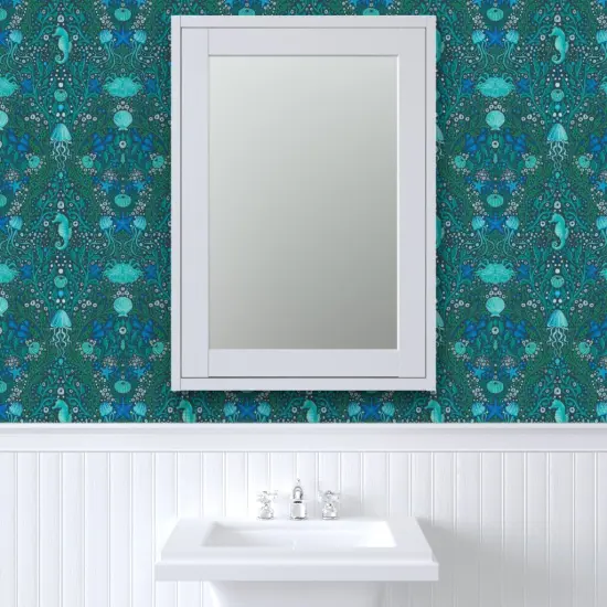 Pre-Pasted Wallpaper 2FT Wide Blue Small Scale Ocean Aquatic Life Seahorses Seaweed Aqua Water Beach Coastal Jellyfish Sea Urchin Custom Pre-pasted Wallpaper by Spoonflower {6}