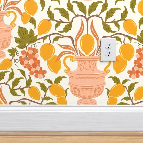 Peel & Stick Wallpaper 2FT Wide Floral Pink Fruit Damask Lemons Italian Botanical Grapes Vases Grape Vines Lemon Large Scale Rococo Classical Custom Removable Wallpaper by Spoonflower {4}
