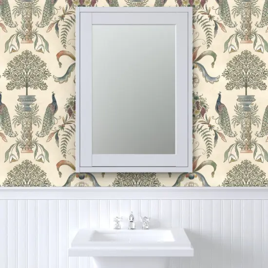 Pre-Pasted Wallpaper 2FT Wide Beige Peacock Classical Italian Olives Fresco Floral Garden Botanical Vineyard Grapes Fruit Large Scale Custom Pre-pasted Wallpaper by Spoonflower {6}