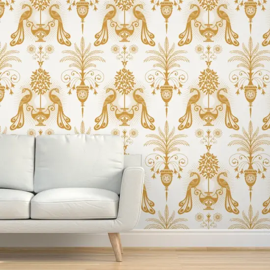 Pre-Pasted Wallpaper 2FT Wide Gold Peacock Mediterranean Toscana Golden Italian Villa Palm Garden Fruit Damask Floral Botanical Classical Large Scale Custom Pre-pasted Wallpaper by Spoonflower {5}