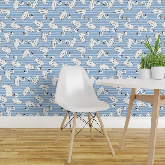 Pre-Pasted Wallpaper 2FT Wide Whimsical Summer Beach Stripes Swan Pool Fun Small Scale Coastal Ocean Blue Custom Pre-pasted Wallpaper by Spoonflower {1}