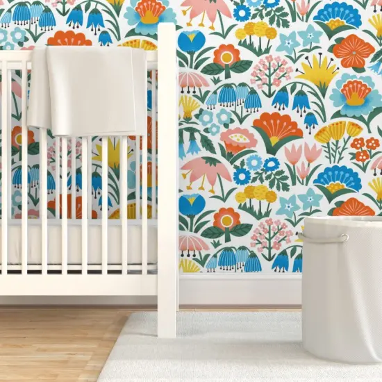 Pre-Pasted Wallpaper 2FT Wide Scandinavian Floral Folk Flowers Pink Yellow Blue Garden Botanical Vintage Retro Midcentury Modern Custom Pre-pasted Wallpaper by Spoonflower {7}