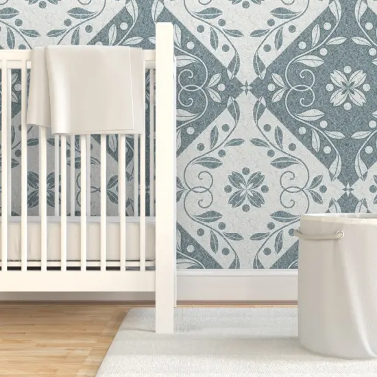 Pre-Pasted Wallpaper 2FT Wide Flowers Leaves Swirls Tiles Damask Botanical Floral Checkers Blue Gray Olive Branches Faux Marble Large Scale Custom Pre-pasted Wallpaper by Spoonflower {7}