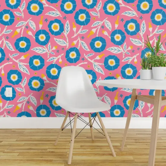 Pre-Pasted Wallpaper 2FT Wide Pink Floral Bright Flowers Nature Vibrant Meadow Spring Summer Garden Kitsch Folk Scandi Large Scale Custom Pre-pasted Wallpaper by Spoonflower {1}