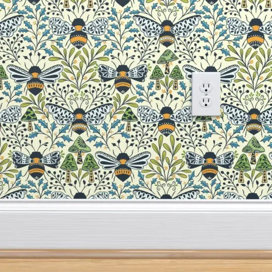 Peel & Stick Wallpaper 2FT Wide Mushroom Botanical Bumblebee Pollinator Medium Scale Blue Green Gold Custom Removable Wallpaper by Spoonflower {4}