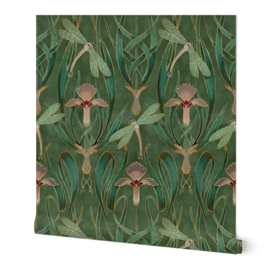 Peel & Stick Wallpaper 2FT Wide Art Nouveau Deco Emerald Green Nature Floral Lillies 1920S Custom Removable Wallpaper by Spoonflower {7}