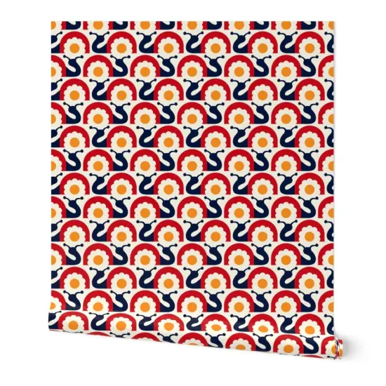 Peel & Stick Wallpaper 2FT Wide Yellow Red Retro Snail Modern Folk Shell Slug Scandinavian Floral Scandi Small Scale Custom Removable Wallpaper by Spoonflower {7}