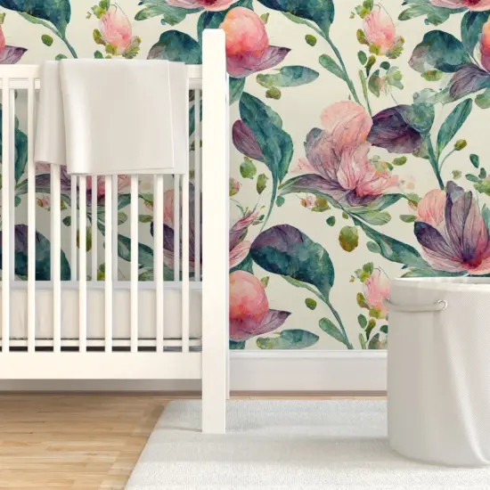 Pre-Pasted Wallpaper 2FT Wide Boho Watercolor Floral Botanical Leaves Large Scale Rose Romantic Flowers Custom Pre-pasted Wallpaper by Spoonflower {7}