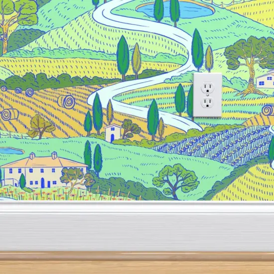 Pre-Pasted Wallpaper 2FT Wide Multicolor Painting Farmland Villa Italian Landscape Large Scale Countryside Tuscan Mediterranean Custom Pre-pasted Wallpaper by Spoonflower {4}