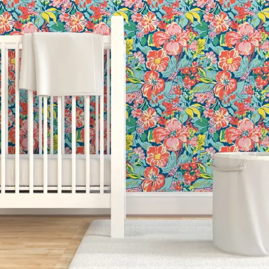 Pre-Pasted Wallpaper 2FT Wide Tropical Florals Coral Flowers Island Hibiscus Pink Green Red Yellow Botanical Tropics Beach Colorful Custom Pre-pasted Wallpaper by Spoonflower {7}