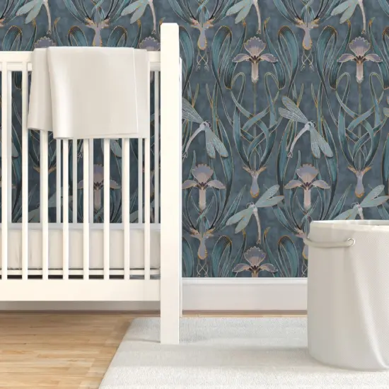 Pre-Pasted Wallpaper 2FT Wide Art Nouveau Deco Gray Blue Nature Floral Lillies 1920S Custom Pre-pasted Wallpaper by Spoonflower {7}