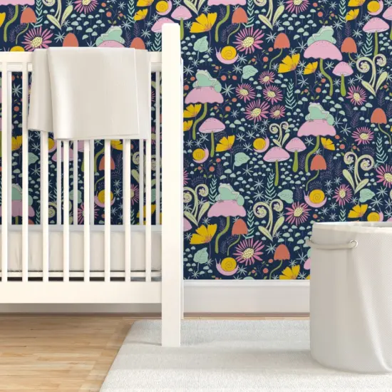 Pre-Pasted Wallpaper 2FT Wide Whimsical Forest Blue Snails Frogs Mushrooms Small Scale Custom Pre-pasted Wallpaper by Spoonflower {7}