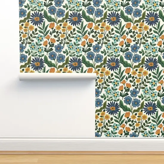 Peel & Stick Wallpaper 2FT Wide Wildflower Graceful Flowers Blossoms Petals Blue Green Orange Marigold Daisy Custom Removable Wallpaper by Spoonflower {2}