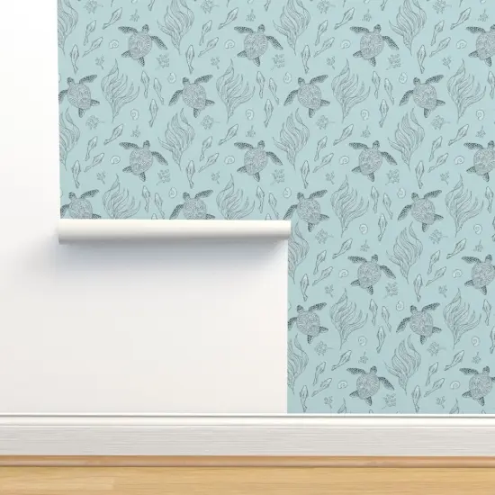Pre-Pasted Wallpaper 2FT Wide Blue Aqua Hand Drawn Ocean Sea Turtles Seaside Beach Coastal Fish Large Scale House Chic Custom Pre-pasted Wallpaper by Spoonflower {2}