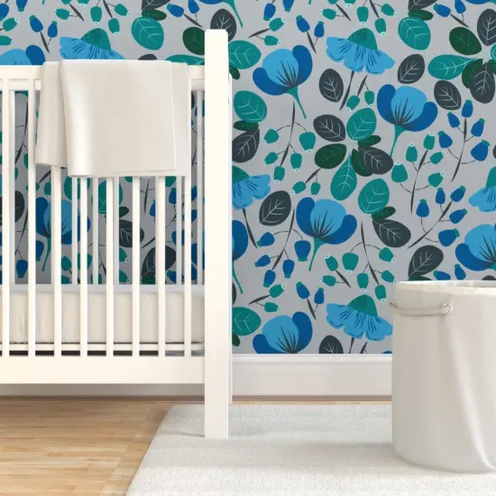 Pre-Pasted Wallpaper 2FT Wide Blue Floral Botanical Daisy Meadow Spring Summer Cottagecorre French Country Large Scale Custom Pre-pasted Wallpaper by Spoonflower {7}