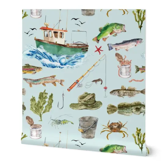 Peel & Stick Wallpaper 2FT Wide Watercolor Adventure Fish Boat Nautical Light Blue Custom Removable Wallpaper by Spoonflower {7}