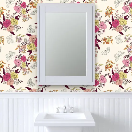 Peel & Stick Wallpaper 2FT Wide Pink Cream Yellow Butterflies Floral Orange Rose Daisy Crimson Sketchbook Hand Drawn Large Scale Botanical Kitsch Custom Removable Wallpaper by Spoonflower {6}