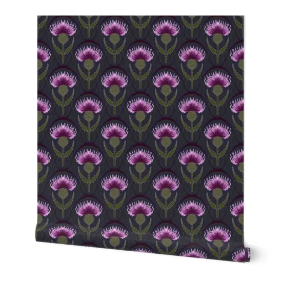 Peel & Stick Wallpaper 2FT Wide Art Nouveau Medium Scale Botanicals Thistle Dark Blue Purple Custom Removable Wallpaper by Spoonflower {7}