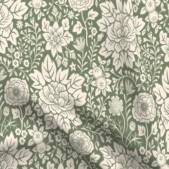 Various Fabrics by the Yard or Fat Quarter Sage Green Floral Hand Drawn Traditional Classic Serene And Cream Block Print Custom Printed Fabric by Spoonflower {5}