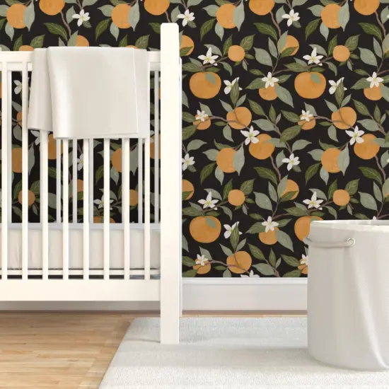 Pre-Pasted Wallpaper 2FT Wide Oranges Citrus Fruit Botanical Leaves Dark Background Custom Pre-pasted Wallpaper by Spoonflower {7}