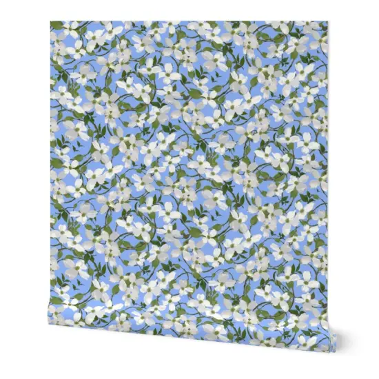 Peel & Stick Wallpaper 2FT Wide Floral Botanical Tree Blue Flowers Branches Blossoms Sky Spring Dogwood Blooms Custom Removable Wallpaper by Spoonflower {7}