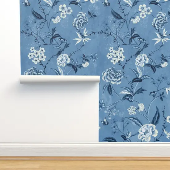 Peel & Stick Wallpaper 2FT Wide Victorian Floral Blue And White Chinoiserie New Romanticism Large Scale Custom Removable Wallpaper by Spoonflower {2}