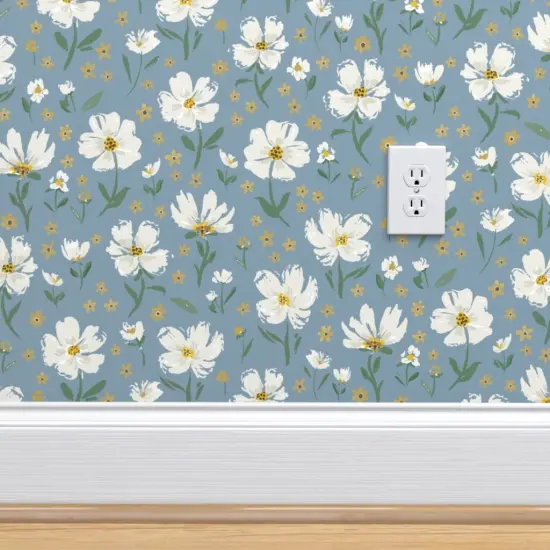 Pre-Pasted Wallpaper 2FT Wide Blue Botanical Hand Painted White Flower Summer Floral Gold Flowers Spring Boho Light Gray Florals Whimsical Medium Scale Custom Pre-pasted Wallpaper by Spoonflower {4}