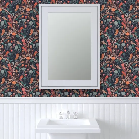 Pre-Pasted Wallpaper 2FT Wide Coastal Whimsical Ocean Mermaid Jellyfish Swimming Custom Pre-pasted Wallpaper by Spoonflower {6}