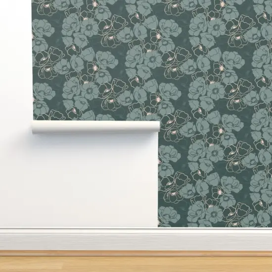 Pre-Pasted Wallpaper 2FT Wide Emerald Modern Floral Botanical Blush Custom Pre-pasted Wallpaper by Spoonflower {2}
