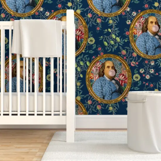 Pre-Pasted Wallpaper 2FT Wide Benjamin Franklin Botanical Whimsical Historical Portrait Custom Pre-pasted Wallpaper by Spoonflower {7}