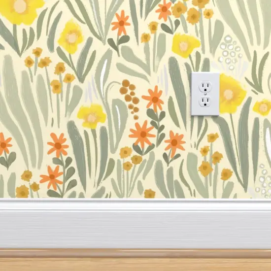 Pre-Pasted Wallpaper 2FT Wide Art Nouveau Garden Sage Green Yellow Abstract Flowers Large Scale Botanical Garden Custom Pre-pasted Wallpaper by Spoonflower {4}