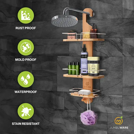 JumblWare Bamboo Shower Caddy, 11.7 x 26.8" Hanging 3-Tier Suction Cup Shower Organizer {4}