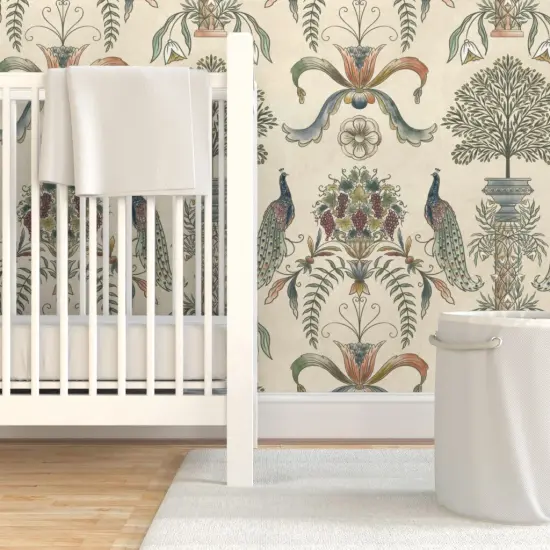 Pre-Pasted Wallpaper 2FT Wide Beige Peacock Classical Italian Olives Fresco Floral Garden Botanical Vineyard Grapes Fruit Large Scale Custom Pre-pasted Wallpaper by Spoonflower {7}