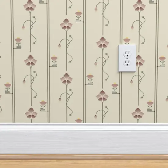 Peel & Stick Wallpaper 2FT Wide Beige Floral Stripe Art Deco Craftsman Nouveau Modern Botanical Small Scale Custom Removable Wallpaper by Spoonflower {4}