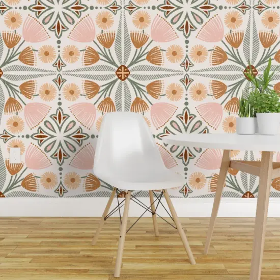 Pre-Pasted Wallpaper 2FT Wide Tiles Pinks Tuscan Blush Italian Villa Floral Quatrefoil Large Scale Custom Pre-pasted Wallpaper by Spoonflower {1}