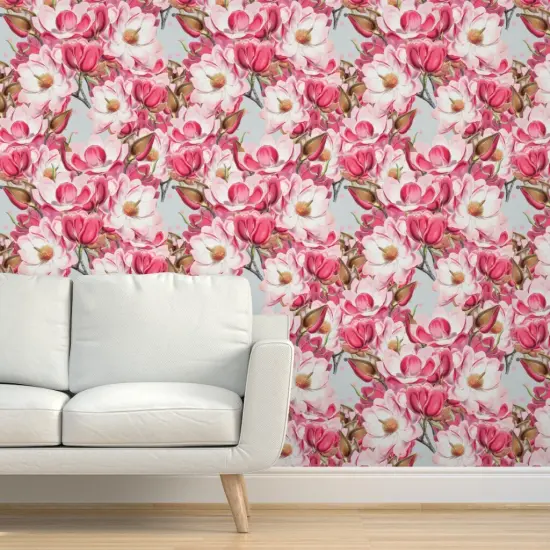 Pre-Pasted Wallpaper 2FT Wide Garden Floral Magnolia Botanical Large Scale Flowers Summer Spring Preppy Custom Pre-pasted Wallpaper by Spoonflower {5}