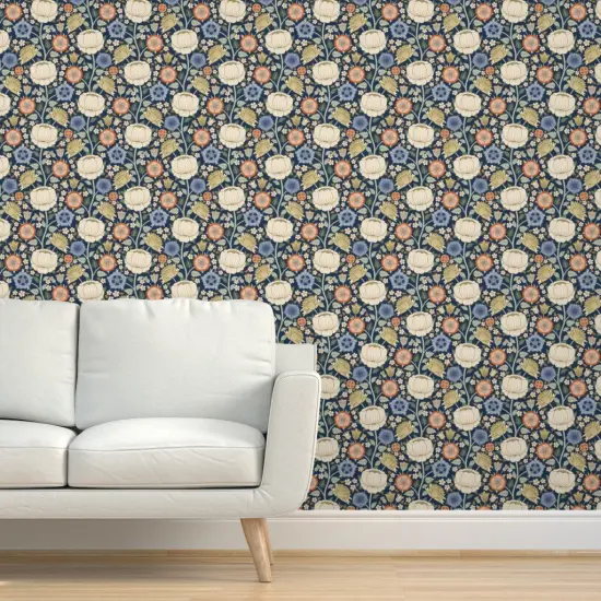 Peel & Stick Wallpaper 2FT Wide Arts And Crafts Antique Graphic Hand Drawn Flowers Victorian Renaissance Baroque Blue Beige Custom Removable Wallpaper by Spoonflower {5}