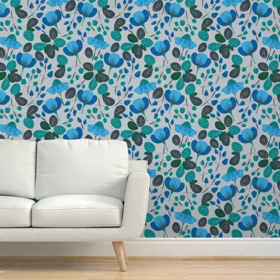 Pre-Pasted Wallpaper 2FT Wide Blue Floral Botanical Daisy Meadow Spring Summer Cottagecorre French Country Large Scale Custom Pre-pasted Wallpaper by Spoonflower {5}