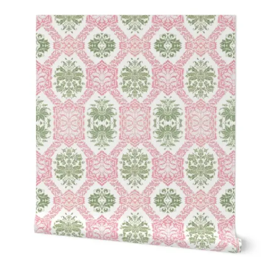 Peel & Stick Wallpaper 2FT Wide Indian Block Print Bombay Pink And Green Colonial Custom Removable Wallpaper by Spoonflower {7}