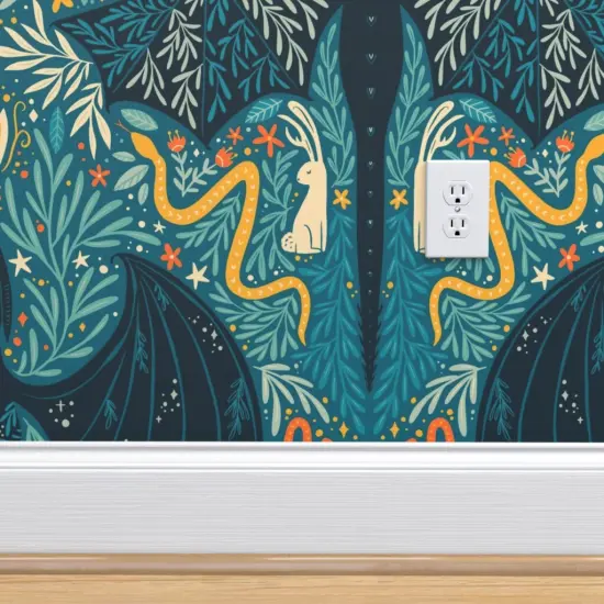 Peel & Stick Wallpaper 2FT Wide Folk Dragons Fairy Tale Botanical Kids Room Magical Jackalopes Maximalist Custom Removable Wallpaper by Spoonflower {4}