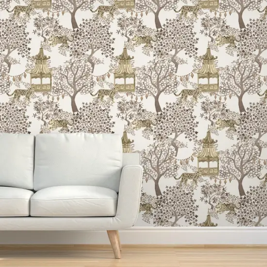 Peel & Stick Wallpaper 2FT Wide Chinoiserie Pagoda Leopard Print Watercolor Neutral Brown Cream Large Scale Custom Removable Wallpaper by Spoonflower {5}