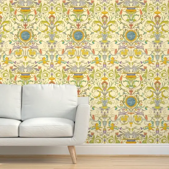 Pre-Pasted Wallpaper 2FT Wide Multicolor Baroque Renaissance Floral Fresco Botanical Birds Victorian Large Scale Water Color Horses. Italian Custom Pre-pasted Wallpaper by Spoonflower {5}