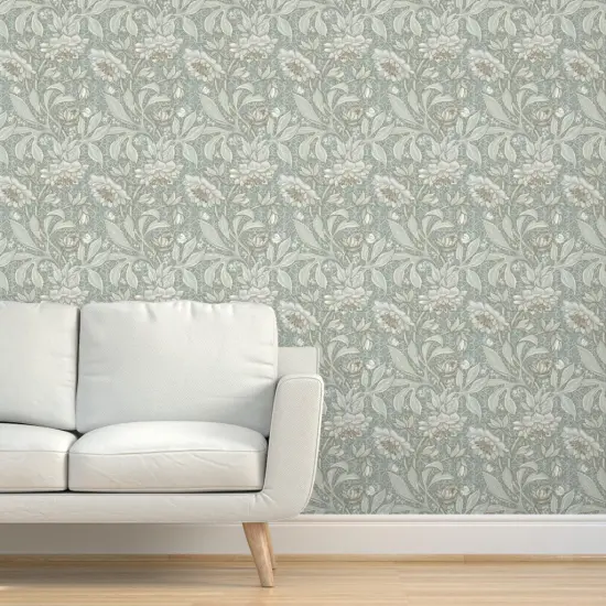Pre-Pasted Wallpaper 2FT Wide Pale Green Antique Victorian Sage Hellebore Arts And Crafts Floral Neutral Art Nouveau Large Scale Damask Botanical Custom Pre-pasted Wallpaper by Spoonflower {5}