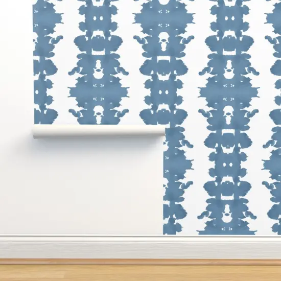 Pre-Pasted Wallpaper 2FT Wide Inkblot Stripe Blue White Denim Large Scale Abstract Modern Custom Pre-pasted Wallpaper by Spoonflower {2}