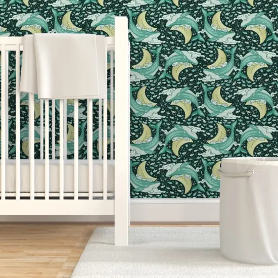 Pre-Pasted Wallpaper 2FT Wide Space Whales Ocean Nautical Animals Moon Galaxy Clouds Teal Celestial Whimsical Cosmos Crescent Custom Pre-pasted Wallpaper by Spoonflower {7}