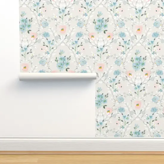Peel & Stick Wallpaper 2FT Wide Romantic Floral Blue Gray Pink Watercolor Flowers Custom Removable Wallpaper by Spoonflower {2}
