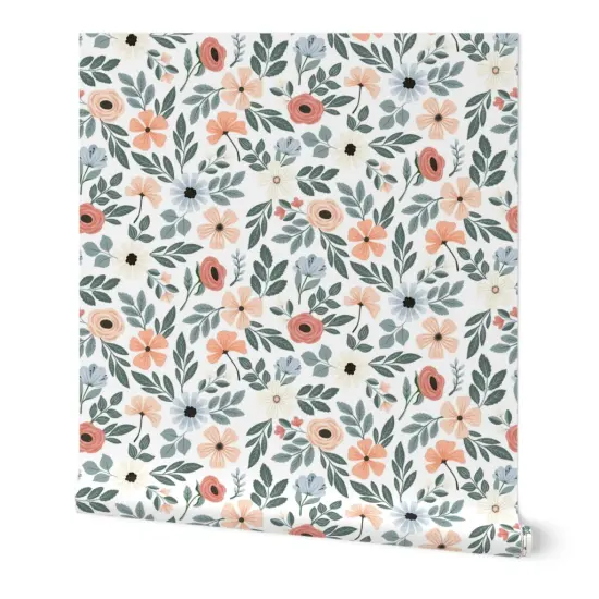 Peel & Stick Wallpaper 2FT Wide Coral Floral Sage Green Leaf Pretty Flowers Delicate Garden Custom Removable Wallpaper by Spoonflower {7}